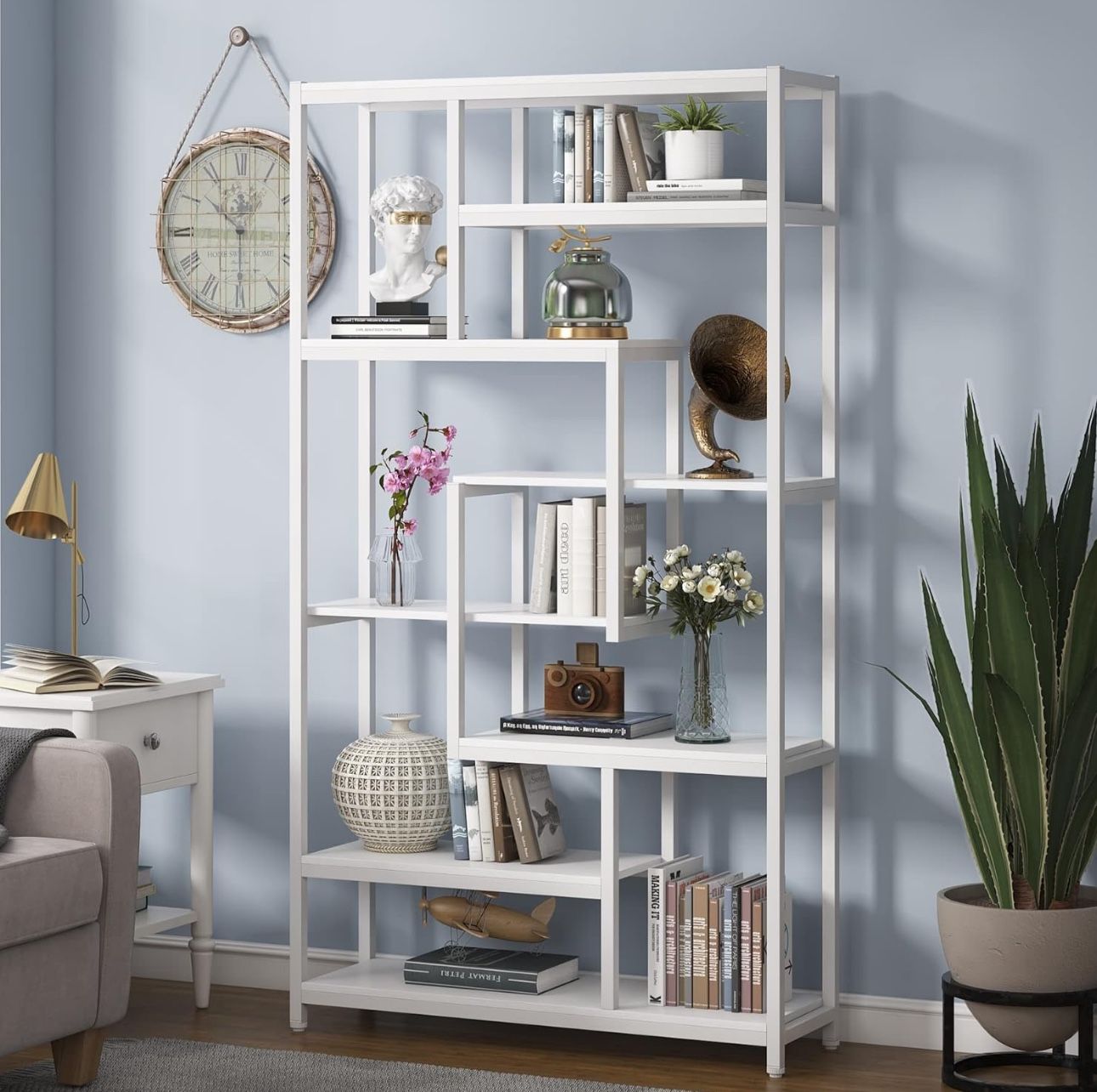 New in Box! 8-Shelves Staggered Bookshelf, Rustic Industrial Etagere Bookcase