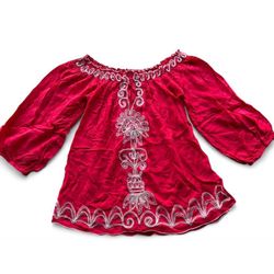 ✨POUPETTE ST BARTH RED BOHO CHIC TOP PEASANT STYLE EMBROIDERED SMALL✨