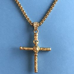 Men’s Gold On Stainless Steel Cross Pendant On Rope Chain *Pickup Boca Raton Or Ship Nationwide