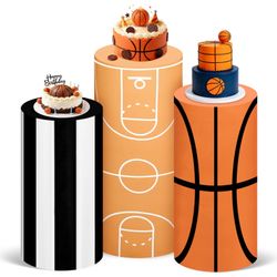 Frienda 3 Pcs Basketball Themed Sport Birthday Spandex Cylinder Stand Covers For Party Basketball Field Ball White Black Stripes Cylinder Pedestal Cov