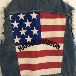 Harley Davidson Vtg Denim Sleeveless American USA Flag Graphic Vest XXXL