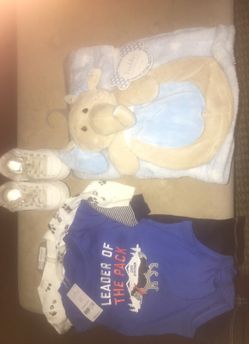 Baby boy clothes shoes and blanket