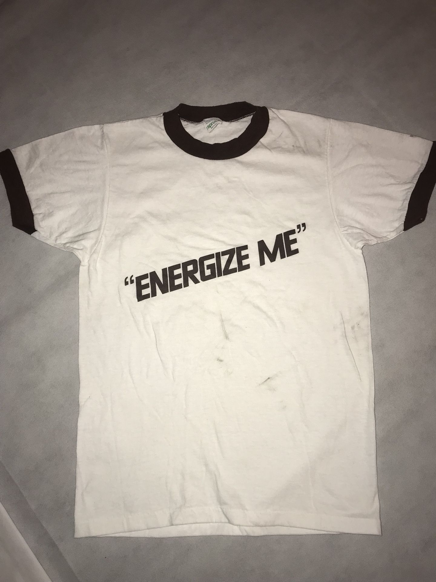 VTG 60s/70s Spruce Ringer T Shirt “ENERGIZE ME” Souvenir MADE IN THE USA