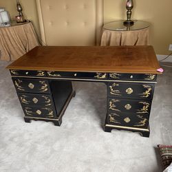 Vintage Solid Wood Chinoiserie Black Lacquer Executive Desk w/ File Drawer