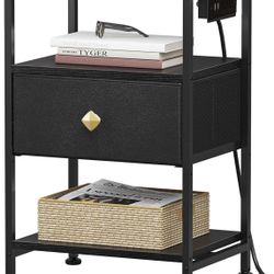 Nightstand with Charging Station, Bedside Table with Adjustable Leather Fabric Drawer, End Table with 3-Tier Storage Open Shelf, Night Stand with Draw