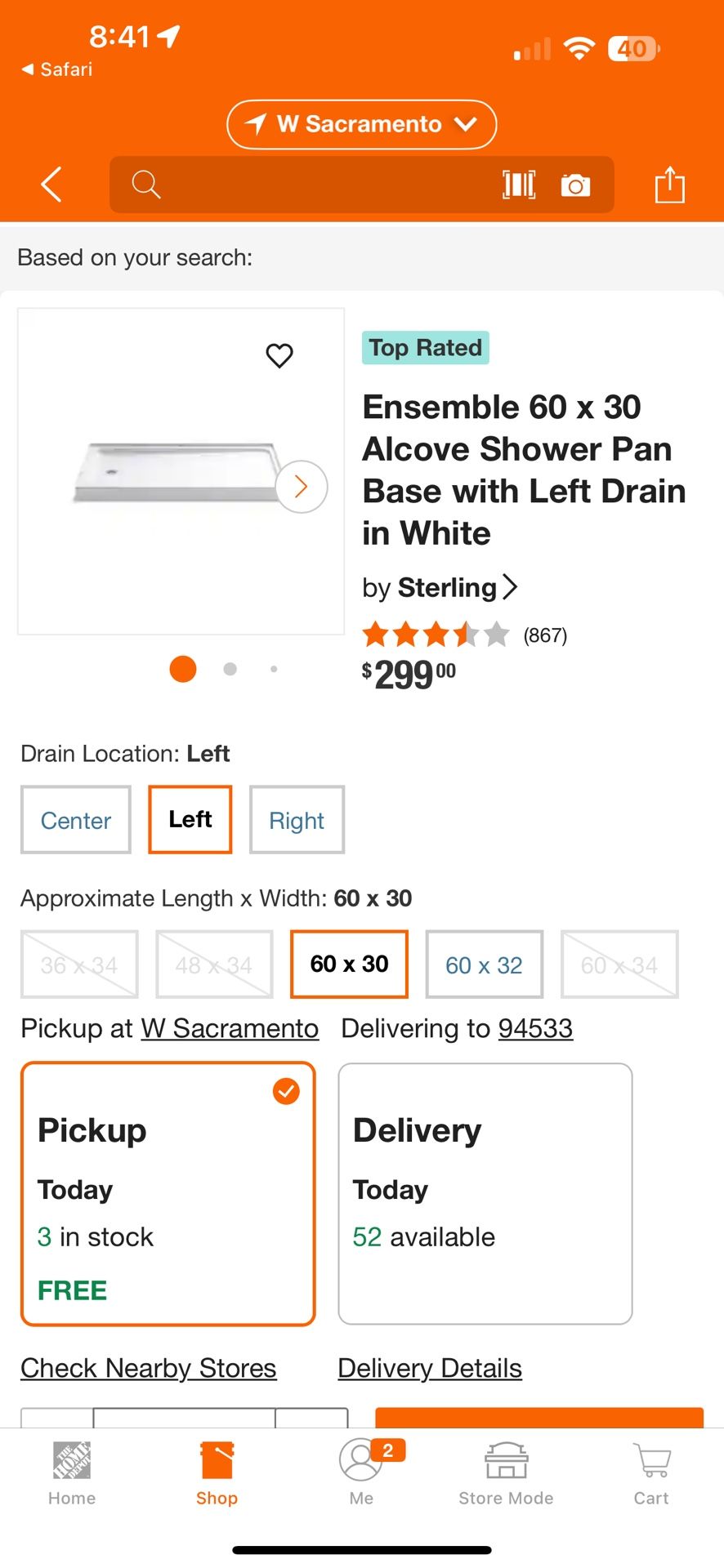 STERLING A KOHLER COMPANY LEFT-DRAIN SHOWER BASE 60" x 30"