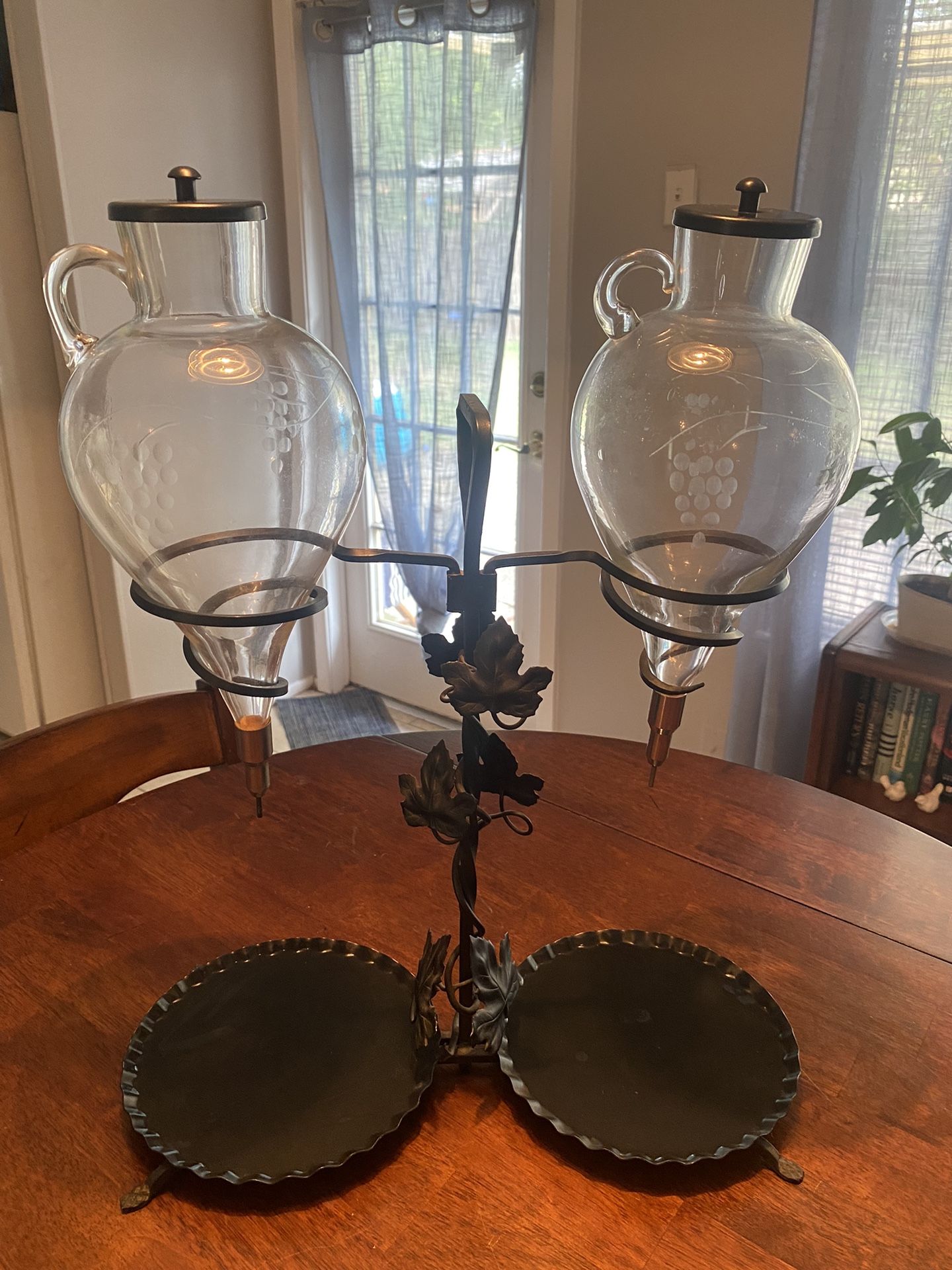 Antique Hand Blown Double Wine Aerator Dispenser With Iron Stand