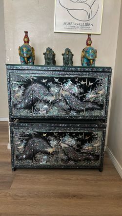 Vintage Two Small Korean Cabinets With Mother Of Pearl
