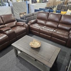 Brand New Brown Bonded Leather Manual Reclining Sofa + Loveseat With Cup Holders And Charging Ports