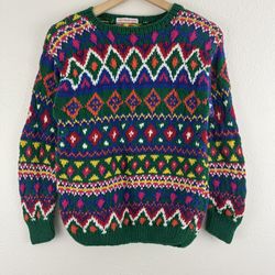 Vintage 90’s Coogi Vibes Multicolor Pattern Stripe Hand Knit Grandpa Sweater