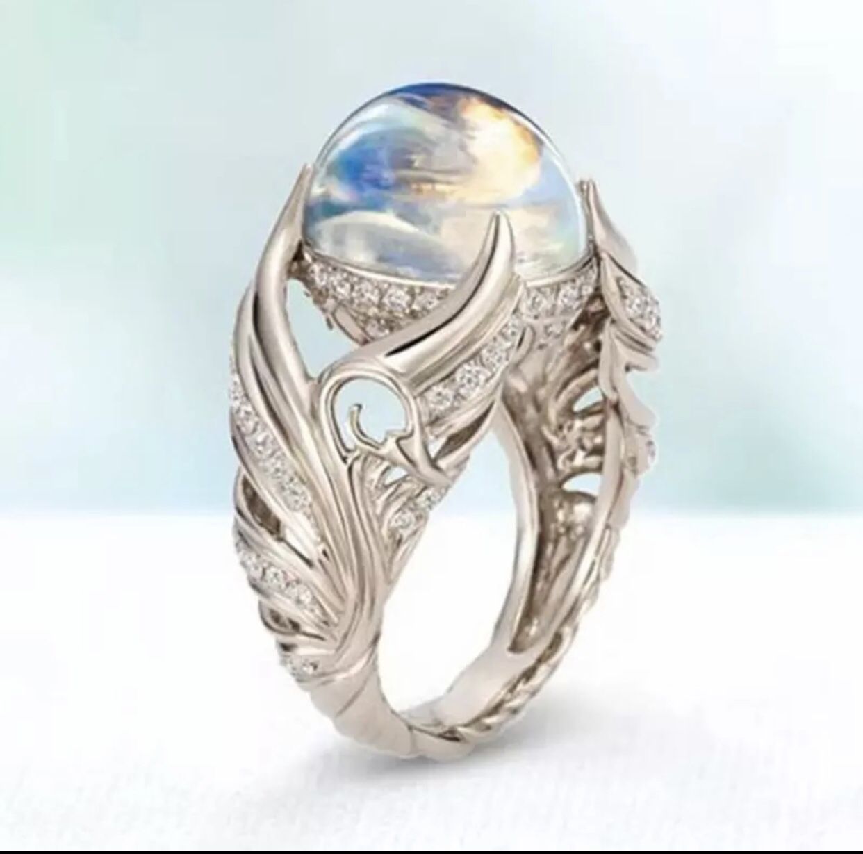Sterling Silver And Moonstone Angel Wings Ring 