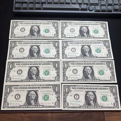 8 Sequential Serial Numbers $1 Uncirculated One Dollar Bills