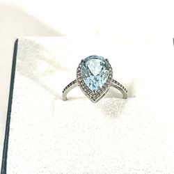 Brand New .925 Silver Ring With Pear Shape Aquamarine And Cz Diamonds. Size 7.