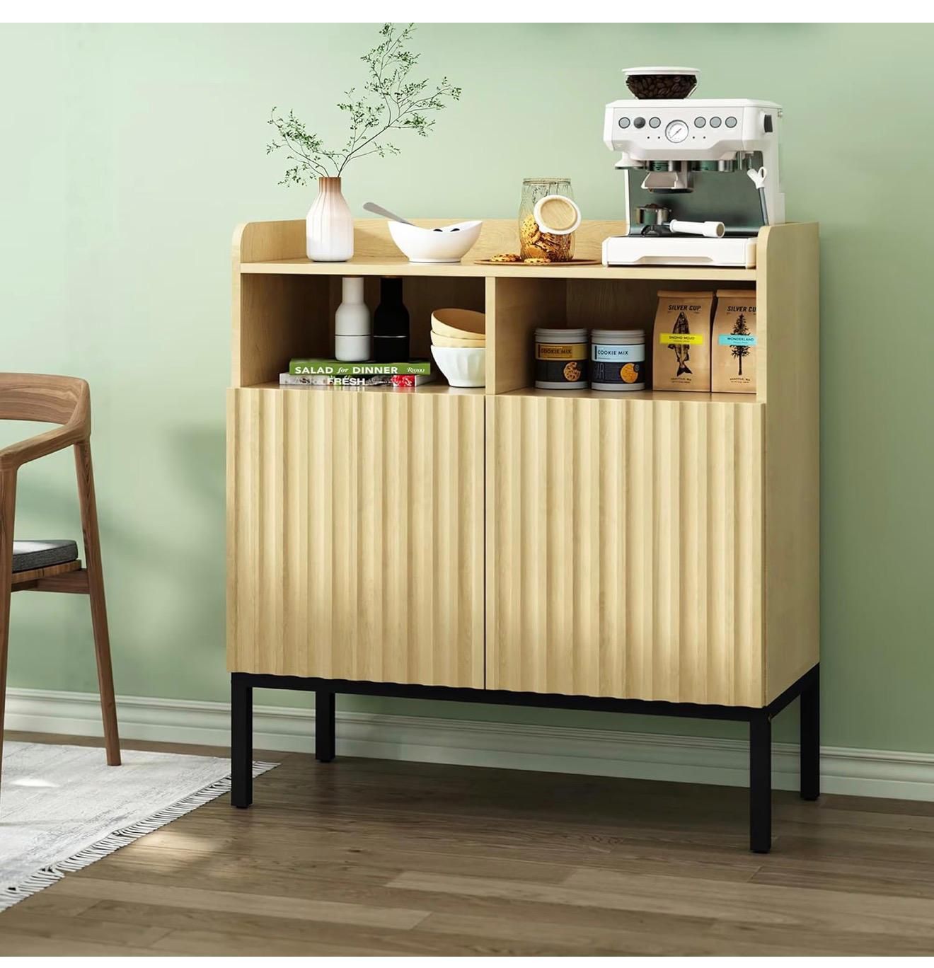 Rustic Industrial Fluted Sideboard Cabinet with Adjustable Shelves, Sturdy Metal & Wood Buffet Credenza for Kitchen, Dining Room, Entryway (FN109)