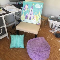 Adorable Girl’s Room Decor.  Mermaid Canvas, Matching Purple Ottoman And Matching Teal Throw Pillow
