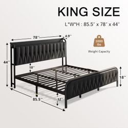 King Size Metal Bed Frame with Upholstered Headboard and Charging Station, Charcoal Gray