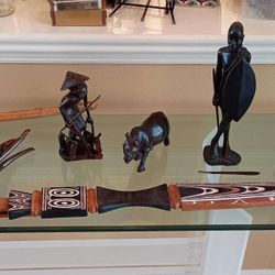 Large African Souvenir Lot - Wood Carvings, Sword,, Giraffe, Rhino