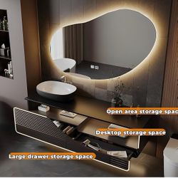 40" Floating Vanity, Granite Counter, Lighted Mirror
