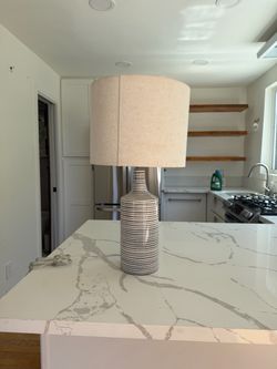 Blue & White Ceramic Table Lamp with Linen Shade – Coastal Style