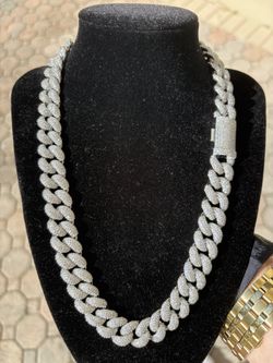 Iced Out Cuban Link Chain 15mm CZ Stones Silver 20” Brass