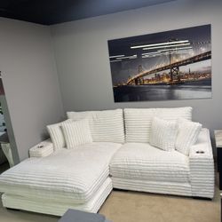 Lindyn II Ivory Jumbo Corduroy 2pc Reversible Sectional Sofa w/ Dual Cupholders & USB Ports