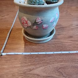 Gray With Roses Theme Decorative Planter Pot With 3 Succulents 