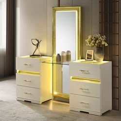Beige Vanity Dresser with LED Lights . $25 initial payment , get it delivered.