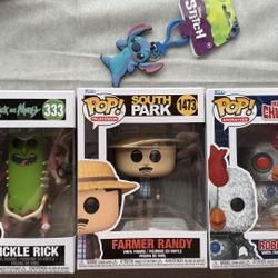Funko Pop Lot Pickle Rick South Park Randy Robot Chicken + FREE Stitch Keychain