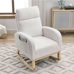 Nursery Rocking Chair with Solid Wood Legs, Glider Chair for Nursery with Two Side Pockets, Rocker Armchair for Living Room Bedroom (Ivory White, Tedd