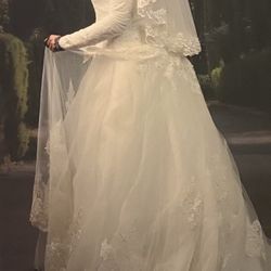 Long Sleeve  Modest Wedding Dress With Vail 