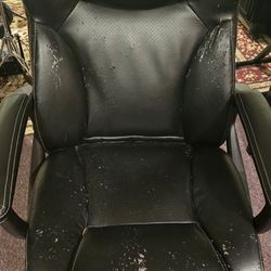 Computer office chair scratched by naughty kitty.