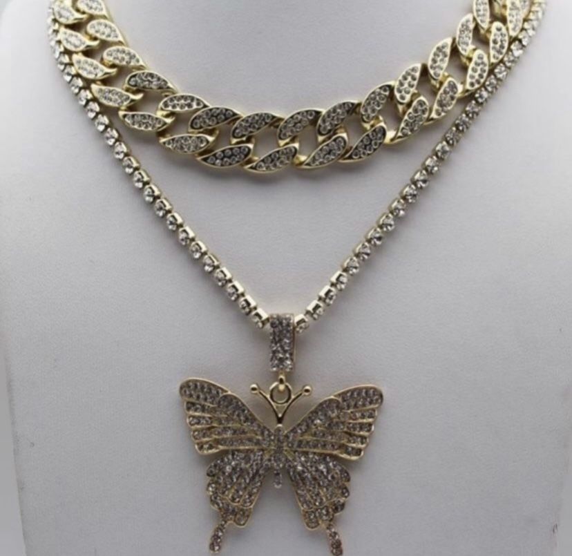 2 Layer Iced Out Cuban Chain/Butterfly Pendant Necklace