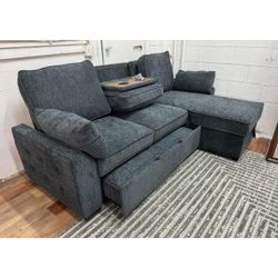 91"W Dark Gray Chenille Fabric Reversible Sleeper Sectional with Storage Chaise, Drop-Down Table, Cup Holders and Charging Ports