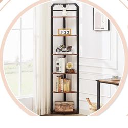 Industrial 6 Tier Corner Shelf Freestanding Corner Bookshelf Brown Shelf Stand, for Small Space, Home Office, Living Room, Bedroom