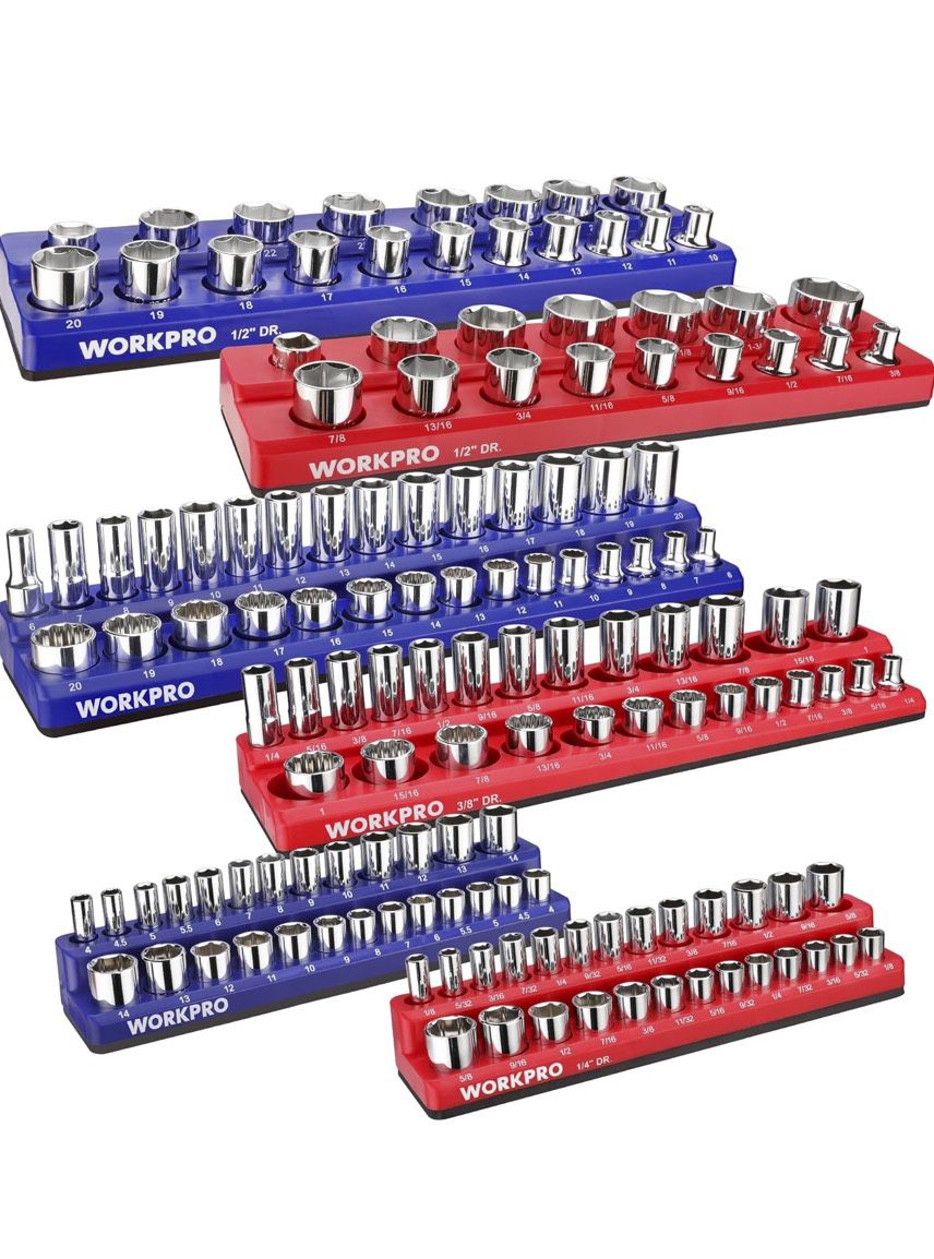 WORKPRO Magnetic Socket Organizer Set, 6-Piece Socket Holder Set Includes 1/4", 3/8", 1/2" Drive Metric SAE Socket Trays, Holds 141 Pieces Standard Si