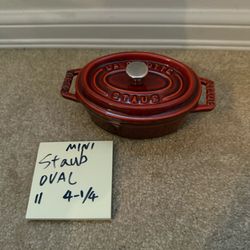 Staub cast iron #11 Mini Oval Cocotte pot pan with lid.  Dark red GRENADINE