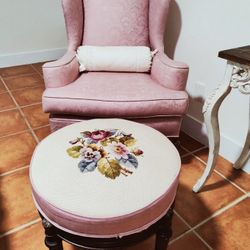 Hickory Chair Queen Annie style with antique needlepoint Tapestry Covered Wood stool rotating seat