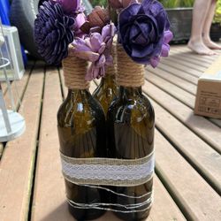 Wood flower burlap fairy light wine bottle center pieces