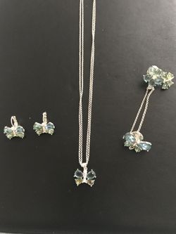 Cute jeweled butterfly jewelry set: earrings, necklace, pin.