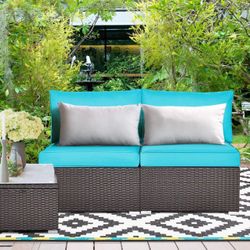3 PCs Rattan Armless Sofa - Patio Wicker Sectional Conversation Sofa Set with Removable Cushions, Heavy-Duty Steel Frame, Outdoor Furniture Set f