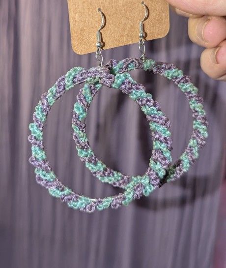 Turquoise And Purple Handmade Macrame Hoop Earrings