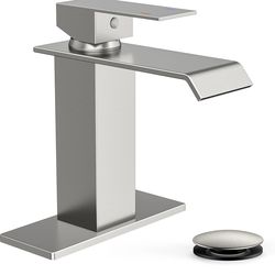 FORIOUS Bathroom Faucet Brushd Nickel Modern Waterfall Bathroom Sink Faucet 1 or 3 Hole Single Handle with Deck Plate and Drain, Suitable for Vanity R
