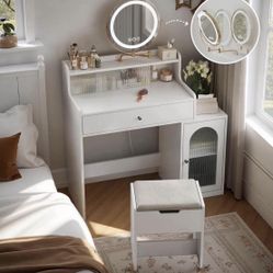    Vanity, Makeup Vanity Desk with Rotatable Mirror and Lights, White Make Up Vanity Table with 3 Adjustable Lighted and Chair, Makeup Table