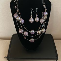 Purple And Silver Iridescent Necklace, And Earrings