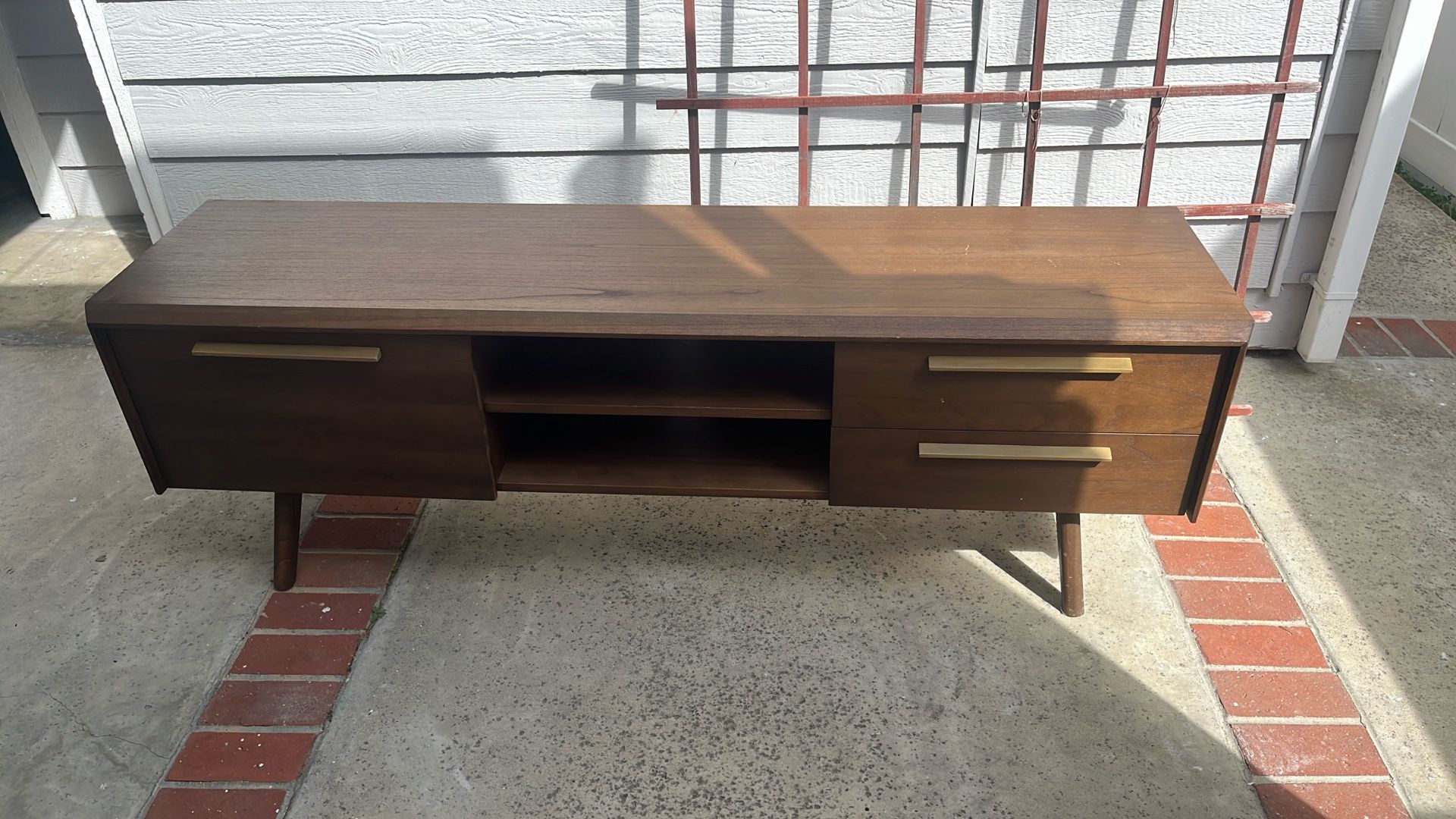 Mid-Century Modern Walnut TV Stand (70″) – Slatted Doors, Custom Brass Handles