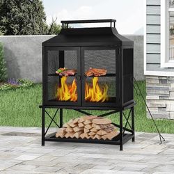 2-in-1 Metal Chiminea Fireplace with Grill,Wood Burning Outdoor Fireplace with Wood Storage, Chimney,Metal Mesh Spark Screen,and Fire Tongs Ideal for 