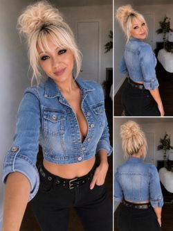 Highway Jeans Vintage Y2K Cropped Denim Jacket Adjustable 3/4 Sleeve Med Wash Size  S