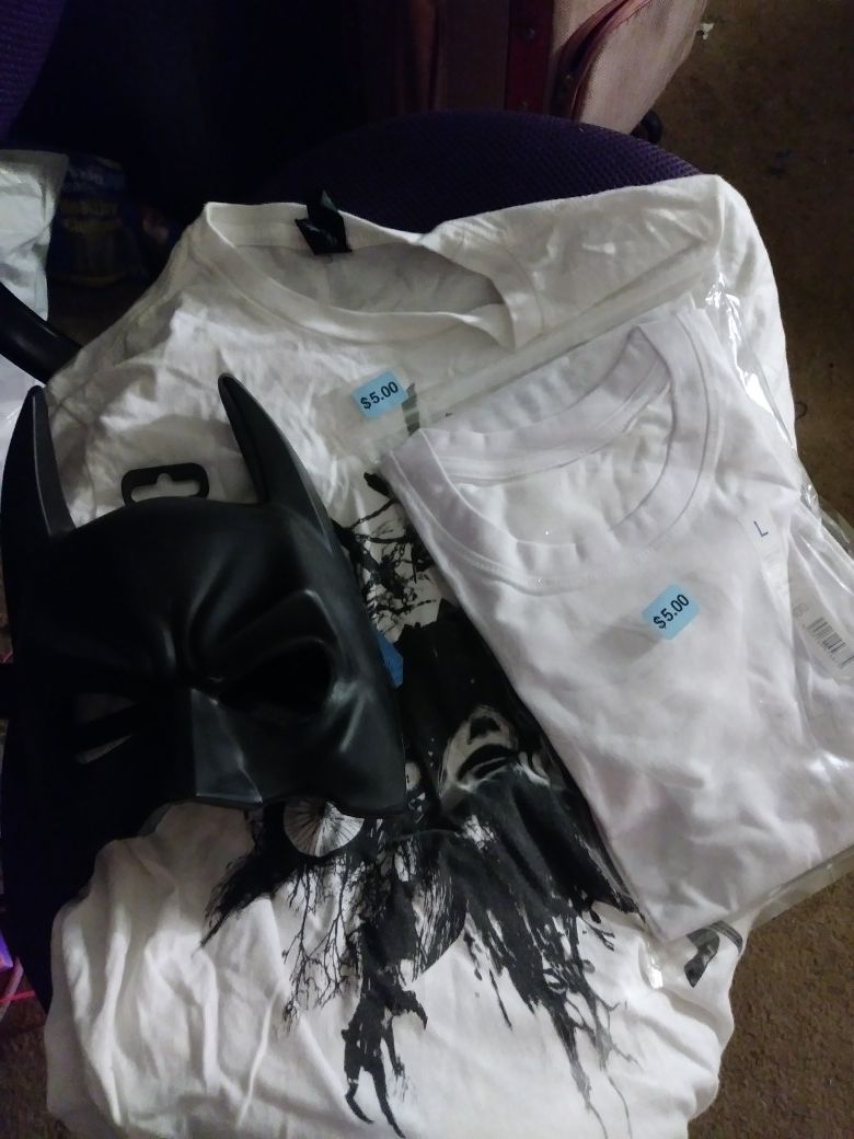 PENDING PICK UP: FREE Brand New Size Large Plain White Shirt, XS Resident Evil Shirt, 2 Batman Masks *Please read description*