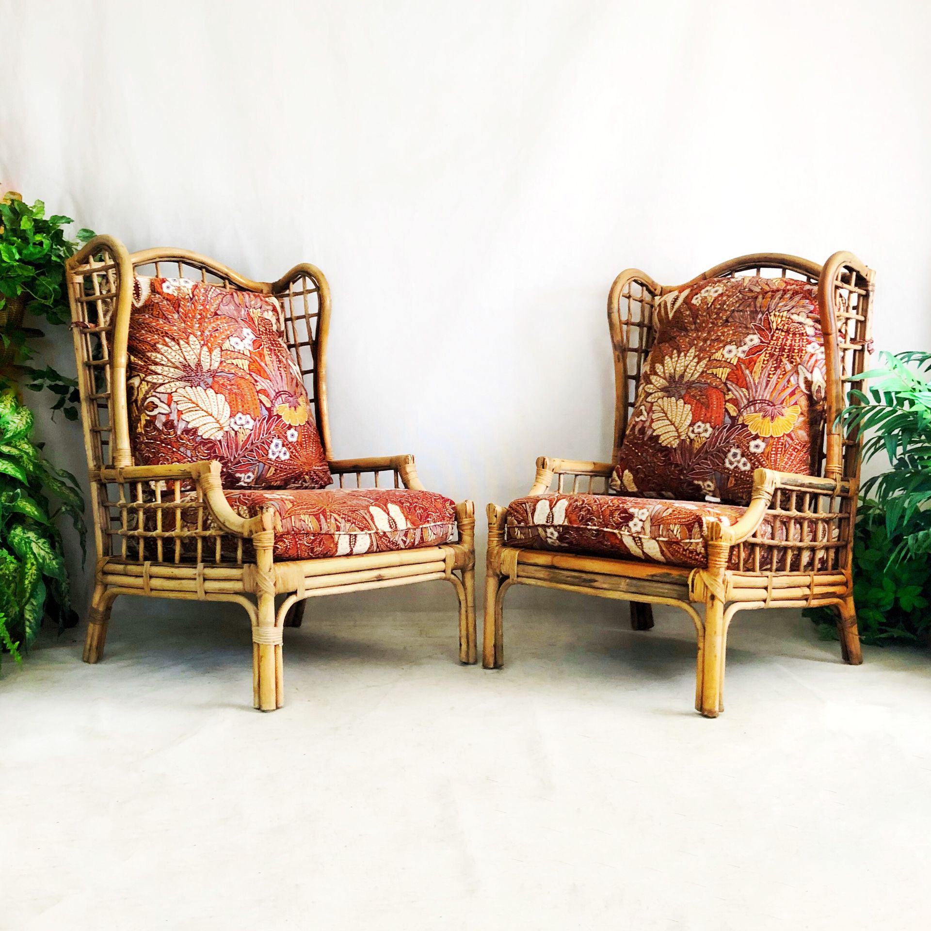 Boho Vintage Bamboo Rattan Lounge Wingback Chairs