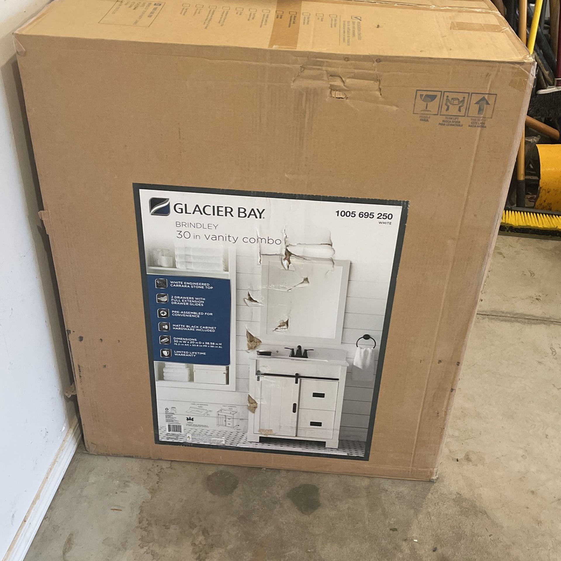 Glacier Bay Brindley 30 in. W x 20 in. D x 34.5 in. H Freestanding Bath Vanity in Gray w/ White Engineered Stone Top